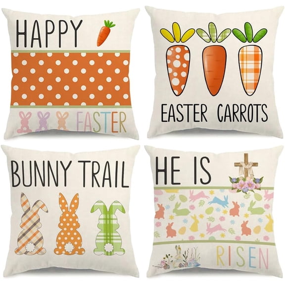Easter Pillow Covers 18x18 Happy Easter Decorations Easter Carrots Bunny Throw Pillow Covers Polka Dots Farmhouse Spring Cushion Case for Sofa Couch Set of 4