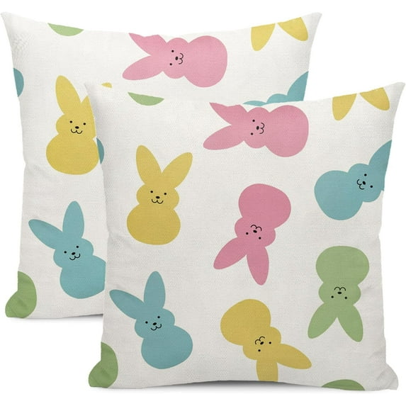 Easter Pillow Covers 18x18 Inch Set of 2, Colorful Bunny Decor Spring Farmhouse Throw Pillows Easter Decorations Rabbit Pillowcase Square Linen Outdoor Cushion Case for Couch Home Decorative
