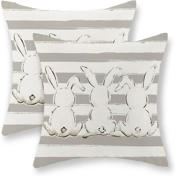 Easter Pillow Covers 18x18 Inch Set of 2, Gray Stripes Bunny Decor Throw Pillows Spring Holiday Farmhouse Pillowcase Easter Decorations Rabbit Outdoor Cushion Case for Couch Home Decorative