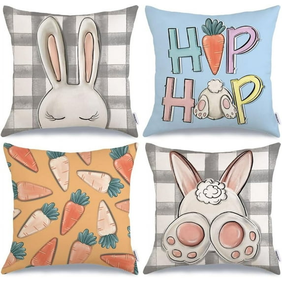 Easter Pillow Covers 18x18 Inch Set of 4, Buffalo Plaid Rabbit Bunny Hip Hop Carrots Farmhouse Decorative Throw Pillowcases for Home Sofa Couch Decoration (Light Blue) G466-18