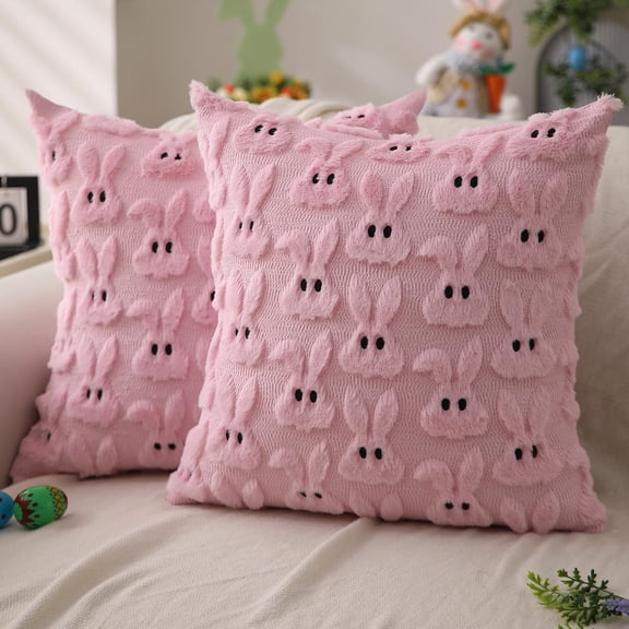 Easter Pillow Covers 18x18 Set of 2, Pink Bunny Ears White Rabbit Plush Faux Fur Throw Pillow Cases, Soft Fluffy Jacquard Holiday Decor for Couch Sofa Bedroom Farmhouse Easter Decorations(2PC,Pink A)