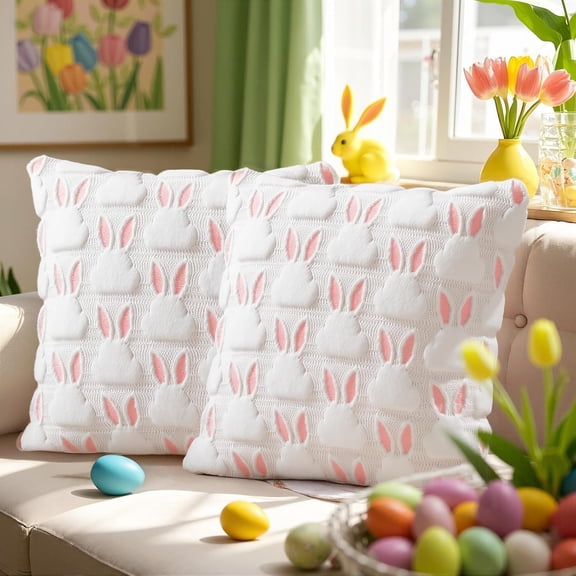 Easter Pillow Covers 18x18 Set of 2, Soft Plush Faux Fur with 3D Bunny Design, Easter Home Decorations for Sofa, Bedroom & Nursery, Hidden Zipper & Cream Backing