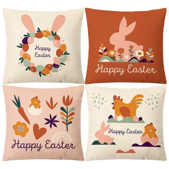 Easter Pillow Covers 18x18 Set of 4,Easter Decorations for Spring Farmhouse Pillows Easter Decorative Throw Pillows Buffalo Plaid Bunny Eggs Welcome Peeps Throw Cushion Case for Home Decor