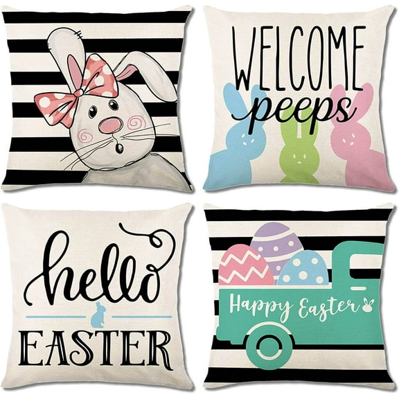 Easter Pillow Covers 18x18 Set of 4, Easter Pillows Decorative Throw Pillows, Stripe Bunny Truck Eggs Welcome Peeps Hello Easter Pillow Cases Easter Decorations for The Home Couch