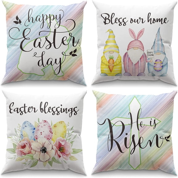 Easter Pillow Covers 18x18 Set of 4 Easter Blessing Eggs Flower Easter Pillows Decorative Throw Pillows for Spring Sofa Living Room Bed