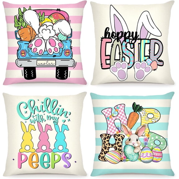 Easter Pillow Covers 18x18 Set of 4 Easter Decorations Stripe Peeps Bunny Truck Eggs Throw Pillows Cases Party Decor Gifts