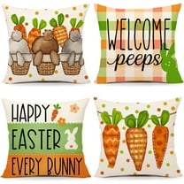 Easter Pillow Covers 18x18 Set of 4, Welcome Peeps Bunny Carrots Farmhouse Decorations Spring Holiday Decor Throw Cushion Case for Home Couch TH210