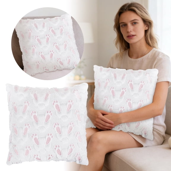 Easter Pillow Covers 18x18 inch Easter Decorations Pink Footprints White Rabbit Soft Plush Jacquard Throw Pillows for Bedroom Sofa Holiday Festivals Home Decor