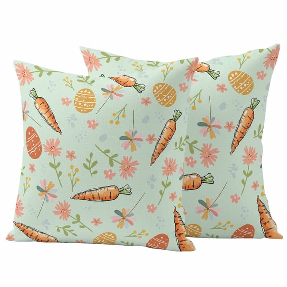 Easter Pillow Covers 2 Pack Spring Colorful Carrots Eggs Flowers Green Background Pillowcase Waterproof Outdoor Throw Pillow Cover for Patio Garden Square Cushion 24”x24”