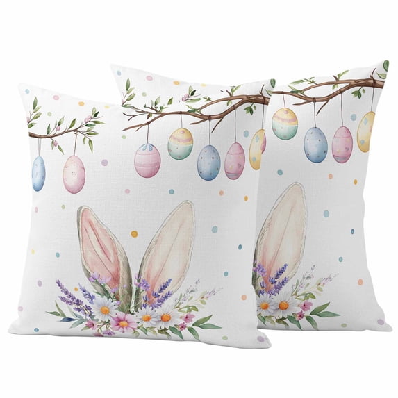 Easter Pillow Covers 2 Pack Watercolor Pink Blue Egg Branch Spring Pink White Floral Rabbit Ears Pillowcase Waterproof Outdoor Throw Pillow Cover for Patio Garden Square Cushion 26”x26”