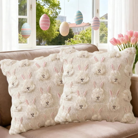 Easter Pillow Covers 20" x 20" Set of 2 Easter Decorations Cute Soft Plush Bunny Throw Pillow, Spring Farmhouse Decorations for Home Sofa Couch Living Room Bedroom