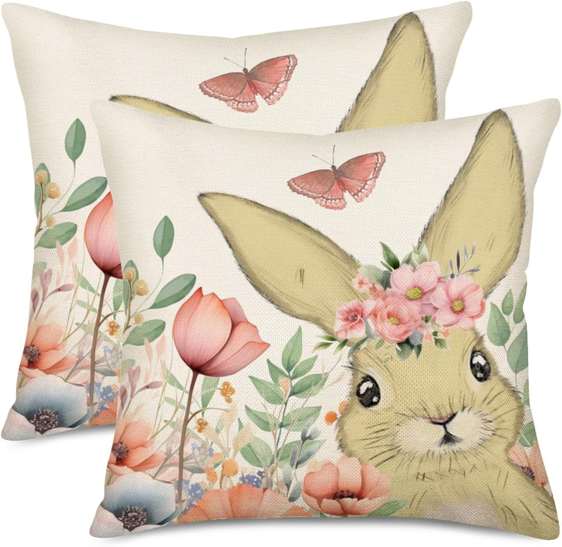 Easter Pillow Covers 20x20 Inch Set of 2 Cute Bunny Rabbit Floral ...