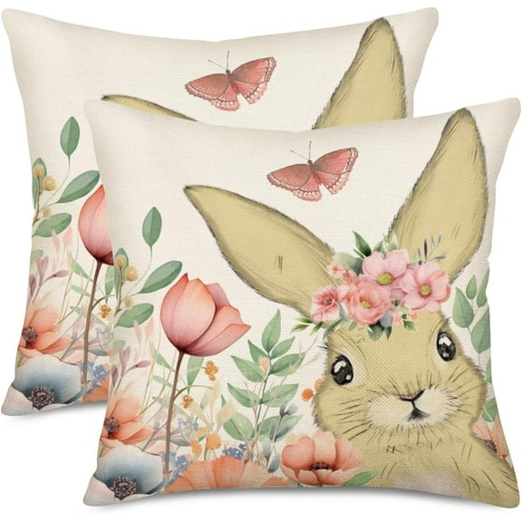 Easter Pillow Covers 20x20 Inch Set of 2 Cute Bunny Rabbit Floral Easter Farmhouse Decorations Throw Pillow Cover Spring Pink Flower Butterfly Decorative Cushion Case for Sofa Couch