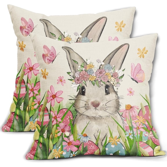 Easter Pillow Covers 20x20 Set of 2 Spring Cute Bunny Rabbit Eggs Watercolor Pink Blue Floral Easter Themed Decorative Throw Pillow Cases Outdoor Farmhouse Decoration for Sofa Couch Bed