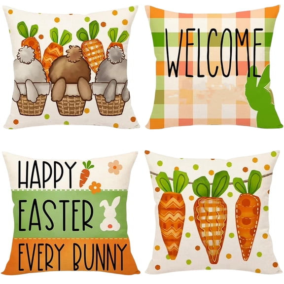 Easter Pillow Covers 4 Pack 18X18 Inch Linen, Bunny & Carrot Pattern Decorative Throw Pillowcases For Home Sofa Bedroom Easter Decor (No Insert)