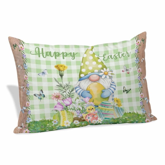 Easter Pillow Covers, Linen Long Throw Pillow Case, Gnomes Flowers Duck Eggs Green Lattice Wooden Holiday Pillow Protector Decorative Cushion Cover for Living Room/Bedroom 24" x 36"