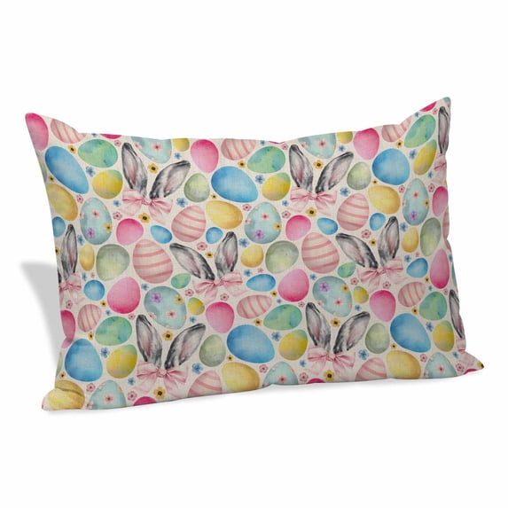 Easter Pillow Covers, Linen Long Throw Pillow Case, Spring Colorful Eggs Bunny Flower Plant Beige Holiday Pillow Protector Decorative Cushion Cover for Living Room/Bedroom 12" x 20"