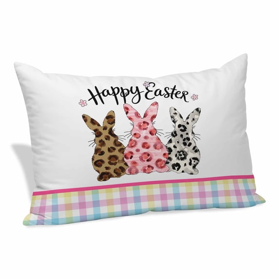 Easter Pillow Covers, Linen Long Throw Pillow Case, Spring Colorful Leopard Printed Bunny Flower Striped Holiday Pillow Protector Decorative Cushion Cover for Living Room/Bedroom 12" x 20"