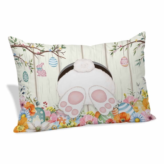 Easter Pillow Covers, Linen Long Throw Pillow Case, Spring Farmhouse Watercolor Bunny Eggs Wood Grain Holiday Pillow Protector Decorative Cushion Cover for Living Room/Bedroom 12" x 20"