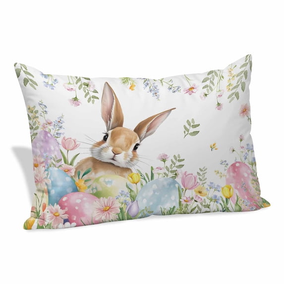 Easter Pillow Covers, Linen Long Throw Pillow Case, Spring Rabbit Colorful Eggs Budding Florals Leaf Holiday Pillow Protector Decorative Cushion Cover for Living Room/Bedroom 20" x 36"