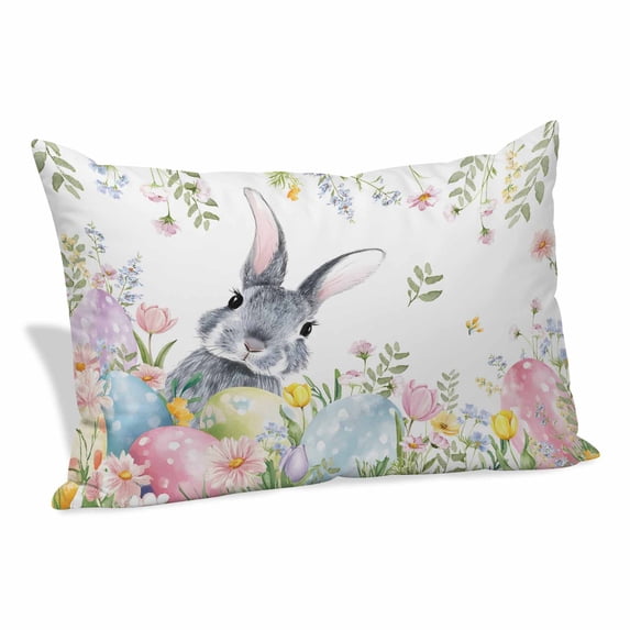 Easter Pillow Covers, Linen Long Throw Pillow Case, Spring Rustic Botanical Floral Rabbit Eggs Leaves Holiday Pillow Protector Decorative Cushion Cover for Living Room/Bedroom 16" x 24"