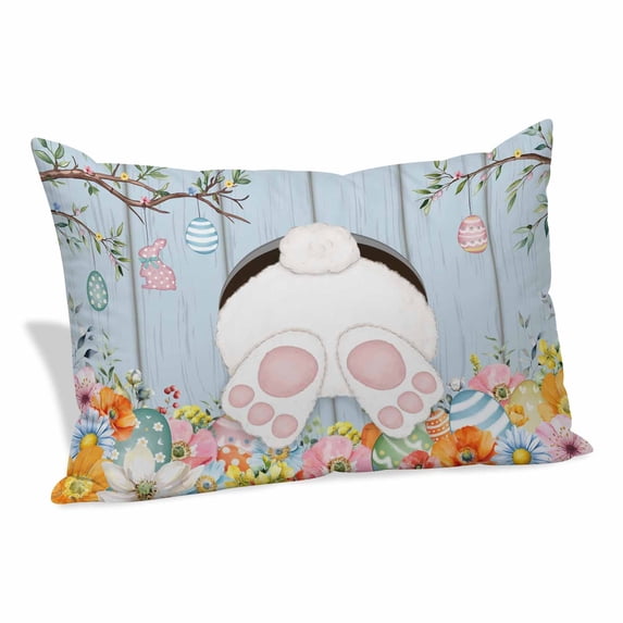 Easter Pillow Covers, Linen Long Throw Pillow Case, Spring Watercolor Bunny Eggs Flower Wood Grain Blue Holiday Pillow Protector Decorative Cushion Cover for Living Room/Bedroom 20" x 26"