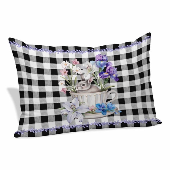 Easter Pillow Covers Queen, Spring Bunny Botanical Blooms Flowers Black Plaid Soft Brushed Microfiber Breathable Throw Pillow Covers, Decorative Pillowcase with Zipper for Couch Sofa Bedroom 20"x30"