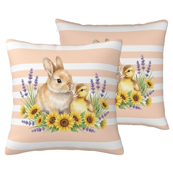 Easter Pillow Covers Set of 2 16x16 Bunny and Duckling Sunflower Throw Pillow Covers for Couch, Peach Striped Watercolor Decorative Cushion Cases, Double-Sided Print