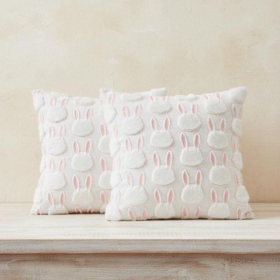 Easter Pillow Covers Set of 2 Luxury Soft Bunny Rabbit Pattern Embroidery Decorative Throw Pillowcases for Spring Happy Easter Couch Sofa Living Room, Cream White