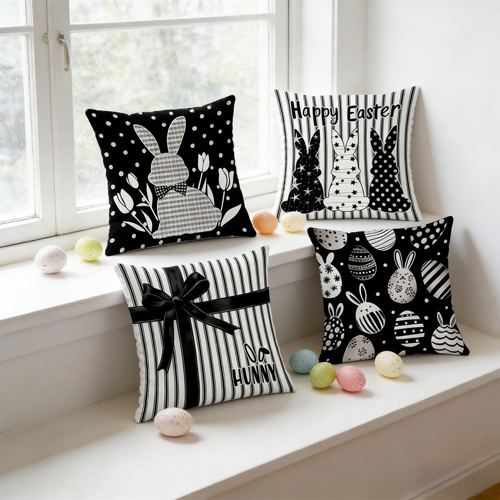 Easter Pillow Covers Set of 4, 18x18 Inch Easter Bunny and Egg Pattern Throw Pillow Covers, Soft Flannel Decorative Cushion Covers for Sofa Couch Spring Home Decor
