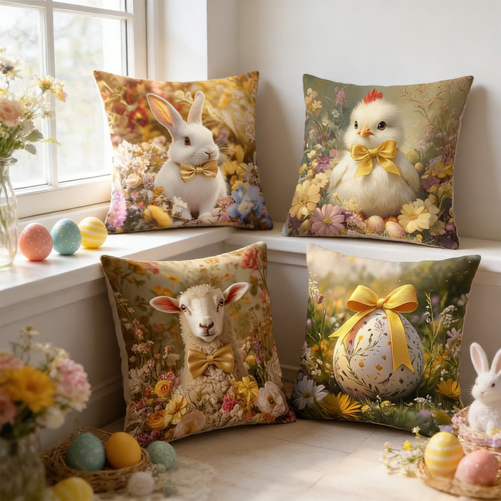 Easter Pillow Covers Set of 4, 18x18 Inch Rabbit and Easter Egg Print Throw Pillow Covers, Soft Flannel Decorative Covers for Couch Sofa Living Room Spring Home Decor