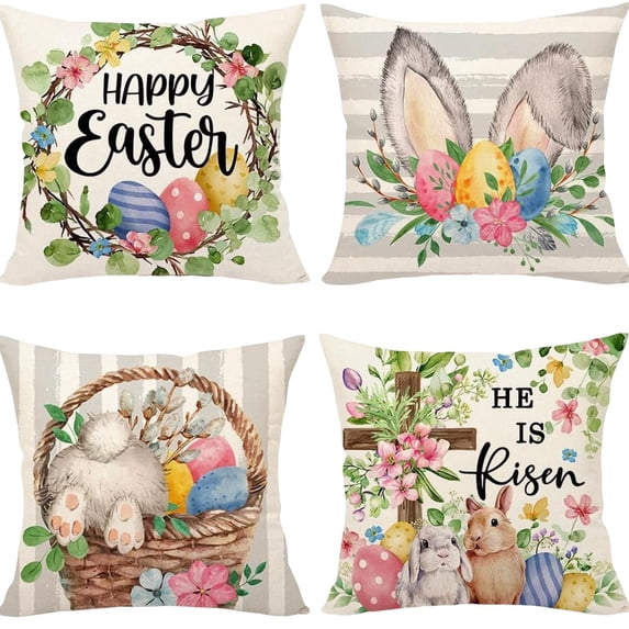 Easter Pillow Covers Set of 4, He is Risen Bunny Floral Eggs Farmhouse Decorations Spring Holiday Decor Throw Cushion Case for Home Couch - (17.72" x 17.72")_A