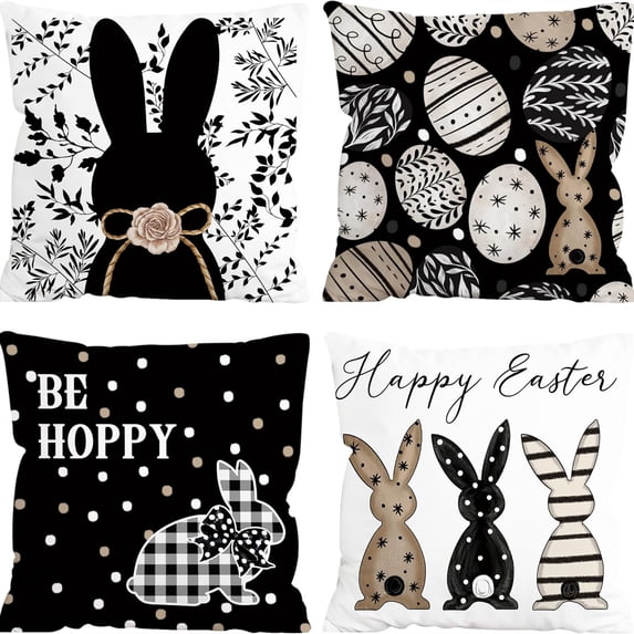 Easter Pillow Covers Set of 4, He is Risen Bunny Floral Eggs Farmhouse Decorations Spring Holiday Decor Throw Cushion Case for Home Couch - (17.72" x 17.72")_B