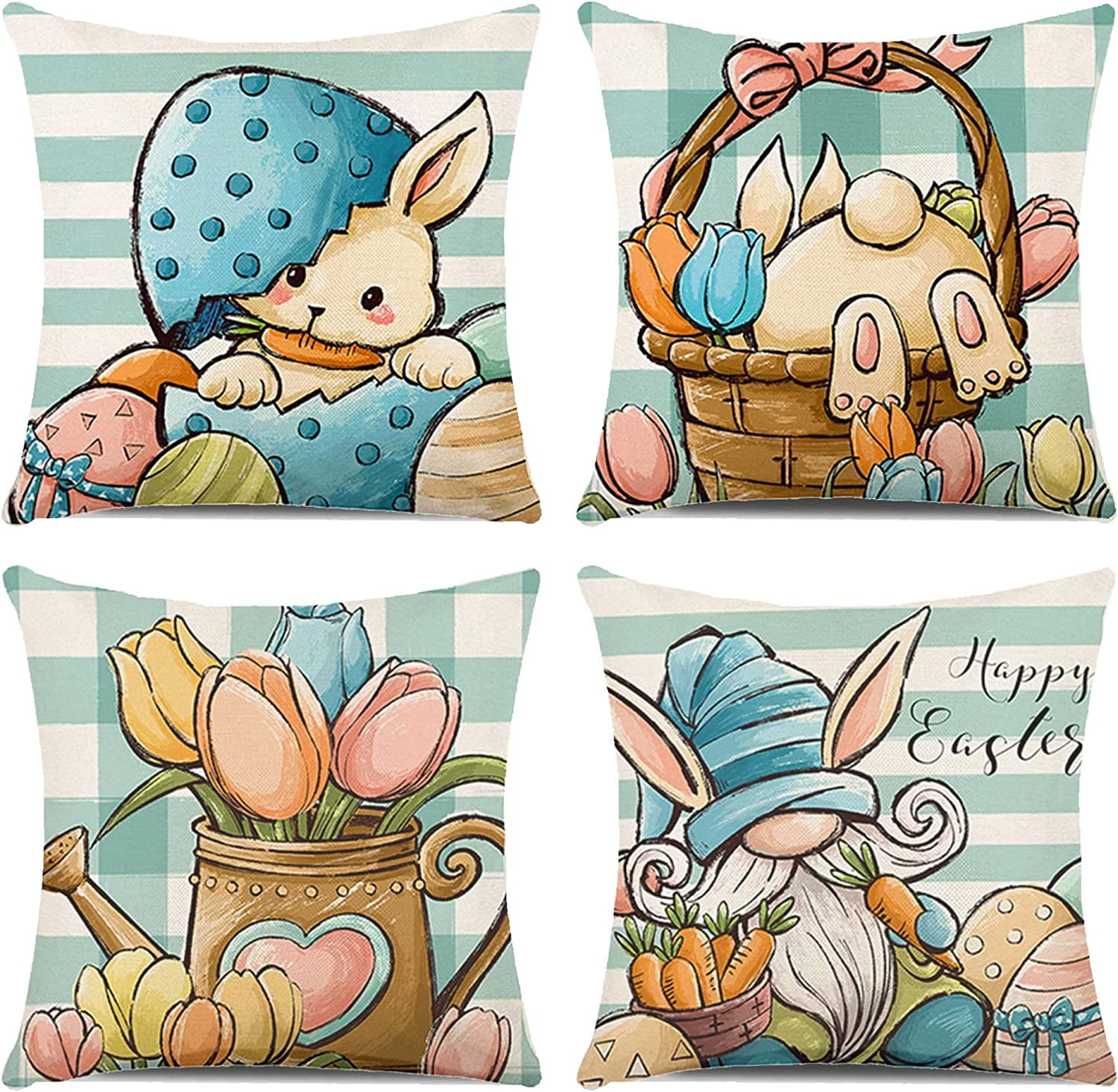 Easter Pillow Covers Set of 4 Spring Farmhouse Pillowcase Easter Decorative Throw Pillows Bunny