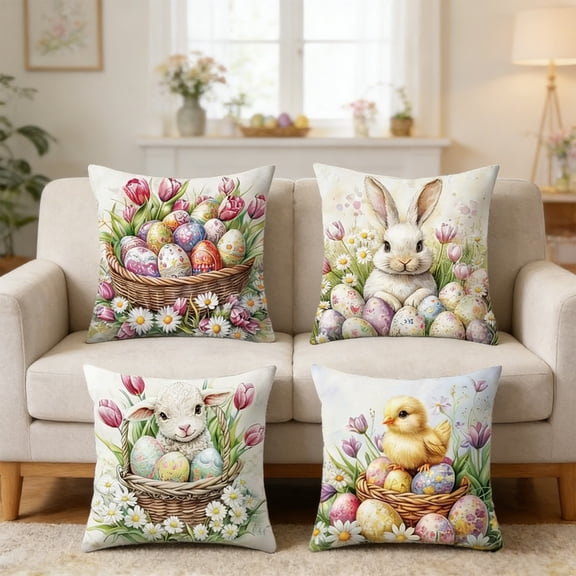 Easter Pillow Covers, Set of 4 Easter Decorative Pillow Cases, Bunny and Egg Pattern Throw Pillow Covers(S)
