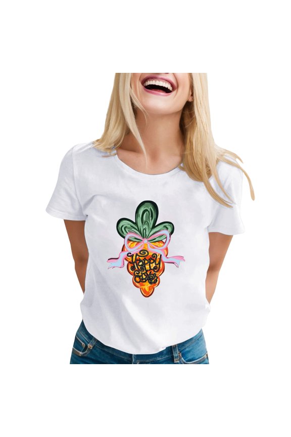 Easter Pineapple Print Short Sleeve T Shirt for Women Crew Neck Casual Fashion Top Soft White XXL