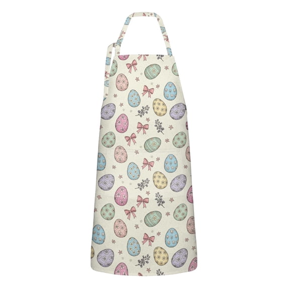 Easter and Pink Bows Cream Pattern Apron with Pockets, Cotton Linen Waterproof Adjustable Apron for Women, Kitchen Cooking Gardening BBQ Salon Apron, 33x27 Inch