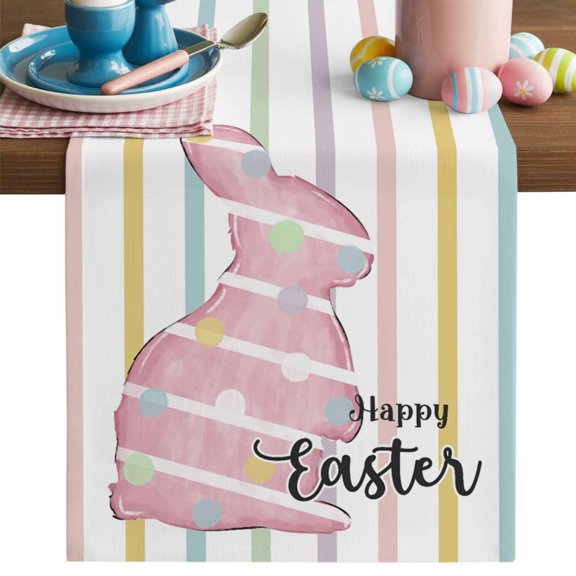 Easter Pink Bunny Table Runner, Happy Easter Cotton Linen Kitchen Table Decoration Washable Dining Tabletop Runners for Home Party Decor 13x48 Inches