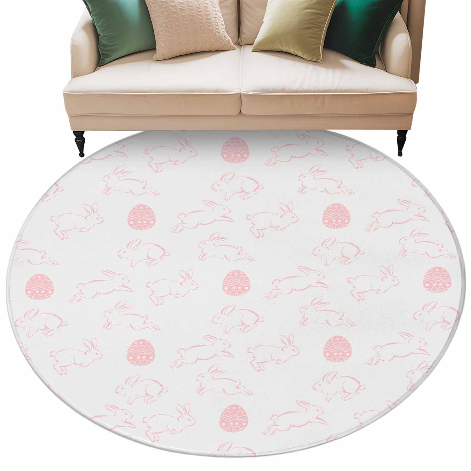 Pink Easter Rug Easter Pink Eggs Washable Round Area Rug 7 ft, Rabbits Farm Animals ...