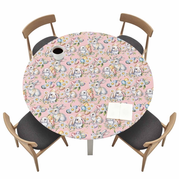Easter Pink Fitted Tablecloth with Elastic Edged, Round Table Cloth for Dining Table, Cute Rabbits Spring Daisy Eggs Rustic Plants Waterproof Oil Proof Table Cover for Indoor Outdoor 36"-44"