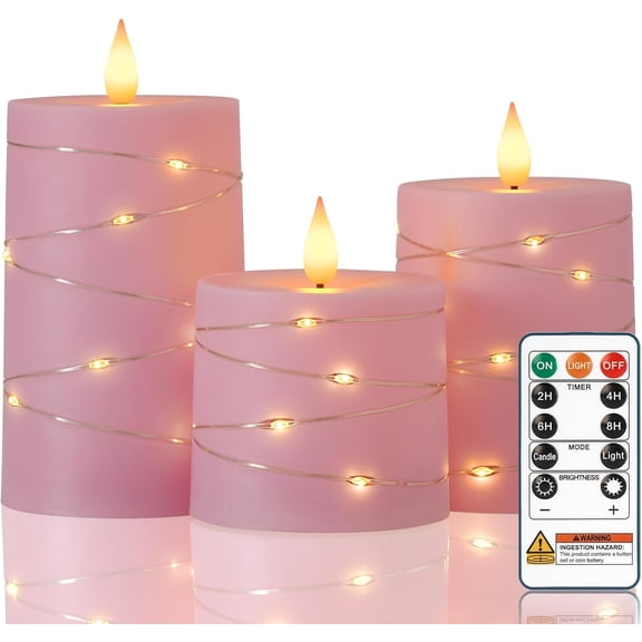 Easter Pink Flameless Candles with Remote Timer, Flickering Battery Operated LED Pillar Fake Candle with String Lights for Home Decor, Christmas, Wedding and Gift, Set of 3
