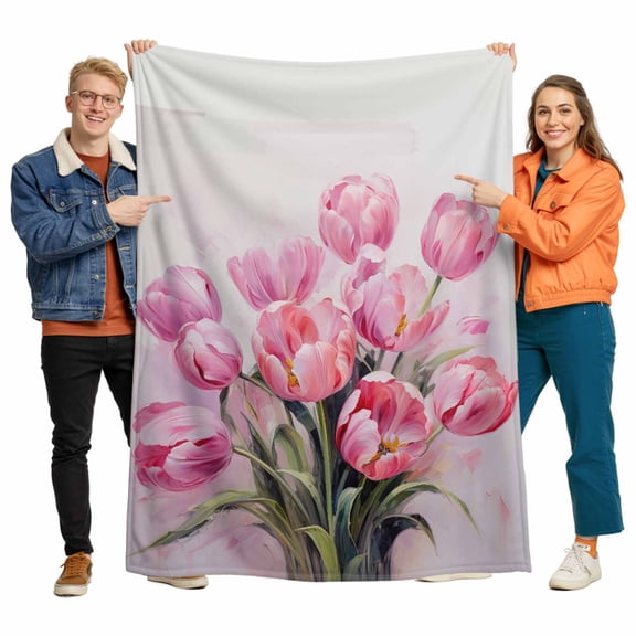 Easter Pink Flannel Blanket for Bed,Travel and Camping, Tulip Oil Painting Super Soft Cozy Blanket for All Seasons 30"x40"
