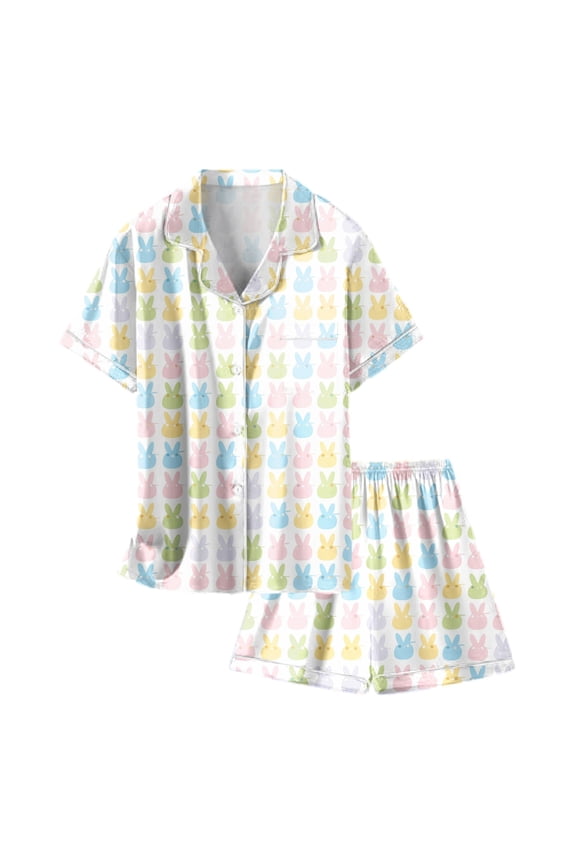 Easter Pjs Boys Short Sleeve Button Down Shirt Top and Shorts Set Two Piece Silk Satin Pajamas Jammies 8-9 Years