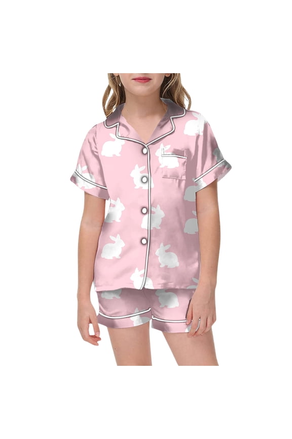 Easter Pjs for Girls Cartoon Rabbit Short Sleeved Cute Button Down 2 Piece Summer Pajama Outfits Pink,10-11Y