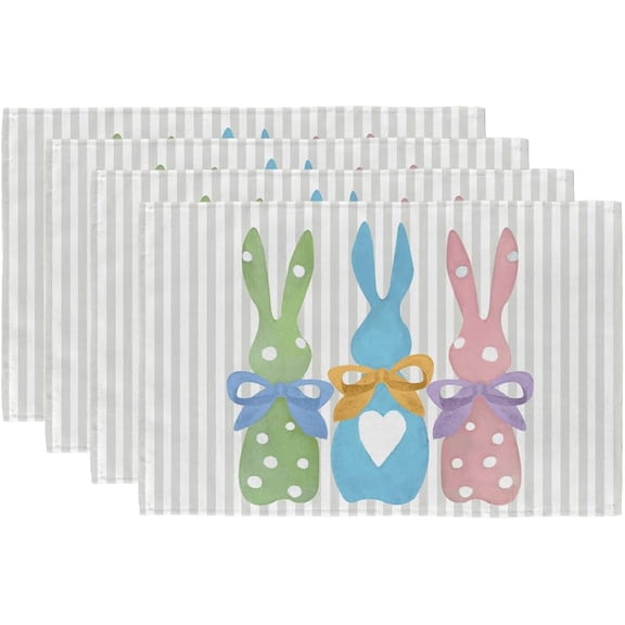 Easter Placemats 12x18 Inch Set of 4, Colorful Polka Dots Bunny Grey Striped Decorative Farmhouse Holiday Spring Table Decoration for Kitchen Dining, Indoor Outdoor Dinner Party Décor GP112-18