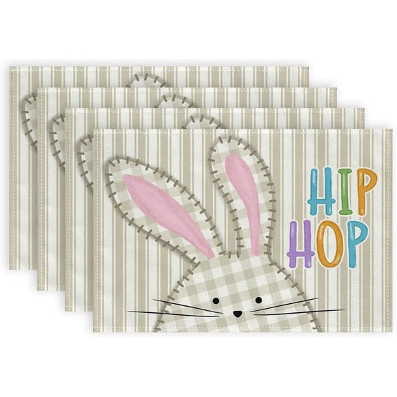 Easter Placemats 12x18 Inches Set of 4, Bunny Rabbit Hip Hop Spring Holiday Farmhouse Stripe Burlap Indoor Table Mats Decorations for Home