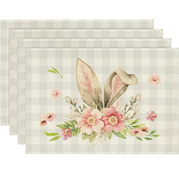 Easter Placemats, 17"x12" Easter Rabbit Eggs Flax Table Mats Easter Bunny Rabbit Place Mats Rustic Vintage Spring Seasonal Table Decoration for Indoor Outdoor Party Kitchen Dining Table