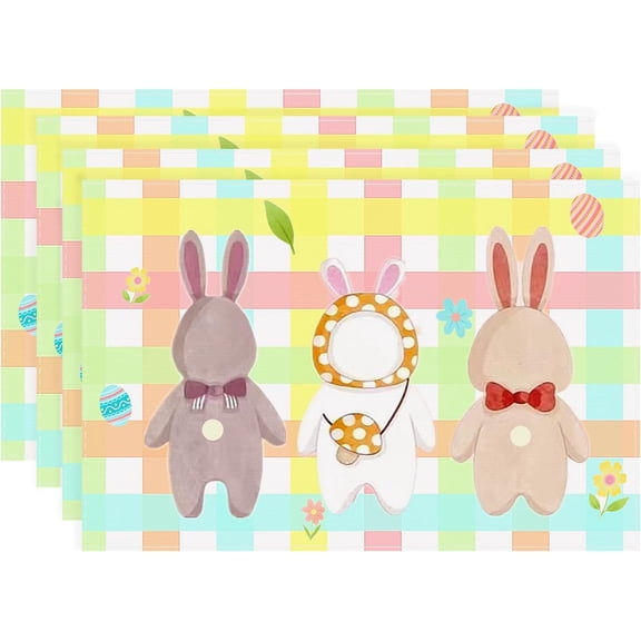 Easter Placemats - Buffalo Plaid Bunny Decoration - Spring Rabbit Place Mat Set of 4, 12”x18” Inch Egg Flower Summer Table Mats for Party Kitchen Dining Decor(Brown)