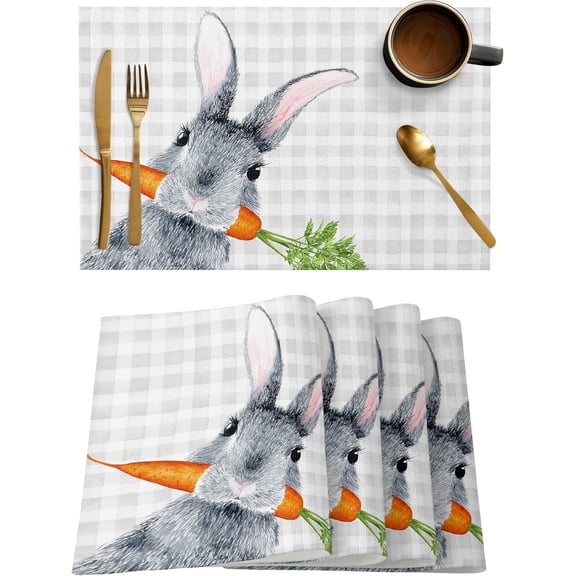 Easter Placemats Bunny Rabbit Carrot Place Mats for Dining Room Dinner Table Gray Buffalo Plaid Washable Table Mats Spring Easter Day Kitchen Decorations Set of 6
