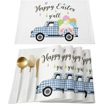 Easter Placemats Easter Eggs Truck Tablemats for Dinner Table, Bunny Tail Blue Check Plaid Table Mats for Easter Spring Holiday Set of 6 Cotton and Linen Washable